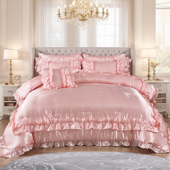 Move Over 8 Pieces Pink Satin Comforter Set Queen Size Bed in a Bag Silky Comforter with Sheet Set Boho Chic Farmhouse Ruffled Comforter Set Soft and Silky Luxury Satin Bedding Set for All Season