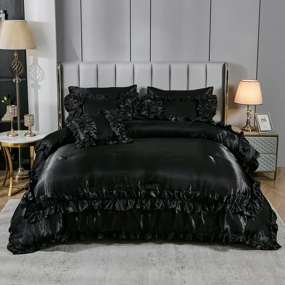 Move Over 8 Pieces Pink Satin Comforter Set Queen Size Bed in a Bag Silky Comforter with Sheet Set Boho Chic Farmhouse Ruffled Comforter Set Soft and Silky Luxury Satin Bedding Set for All Season