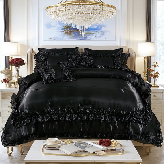 8 Pieces Black Satin Comforter Set King Size with Sheet Set Luxurious Soft and Silky Comforter Set Farmhouse Style Black Rufle Fringe Design Boho Comforter Silk Like Satin Bedding Set