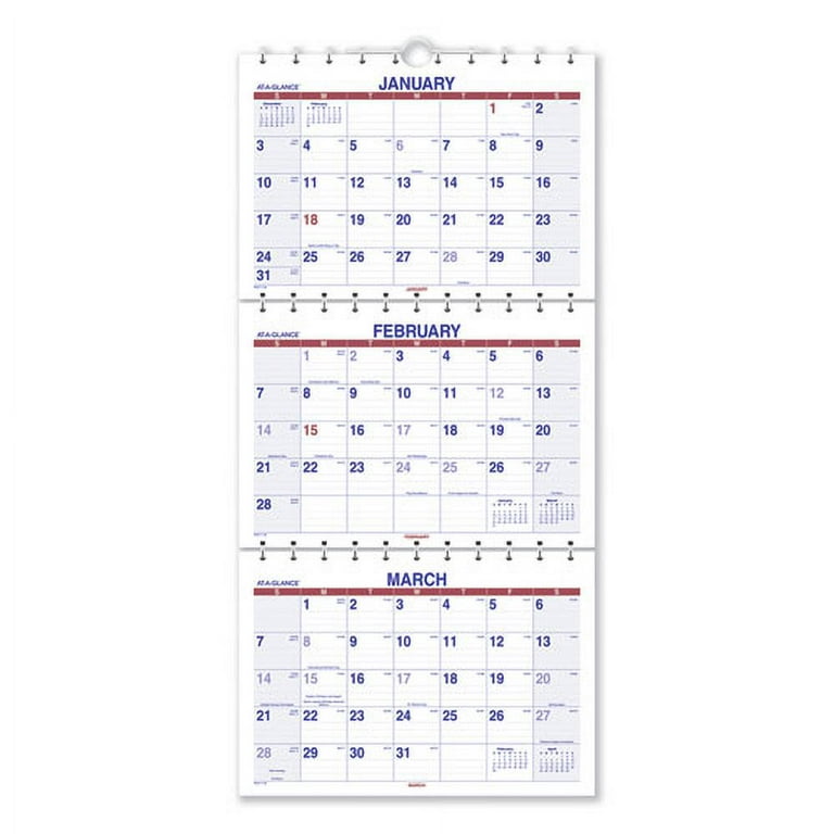 Move-A-Page Three-Month Wall Calendar, 12 x 27, White/Red/Blue Sheets, 15-Month (Dec to Feb): 2023 to 2025