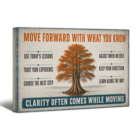 Move Ahead with What You Know Canvas Wall Art Inspiring Quote Picture Print, Positive Retro Artwork Affirming Tree Painting for Home Living Room Bedroom Office Decor