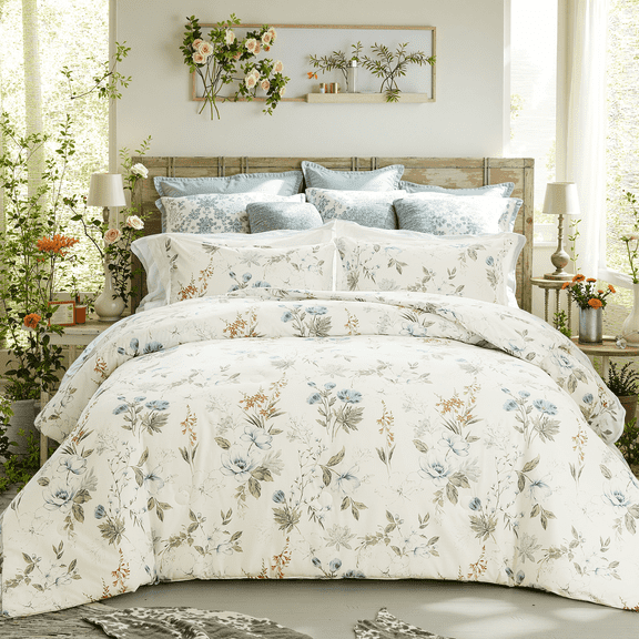Move Over Blue Floral Duvet Cover Set King Size 3 Pieces Reversiable Cotton Bedding Set Pink and Green Garden Flower Comforter Cover Set for All Seasons