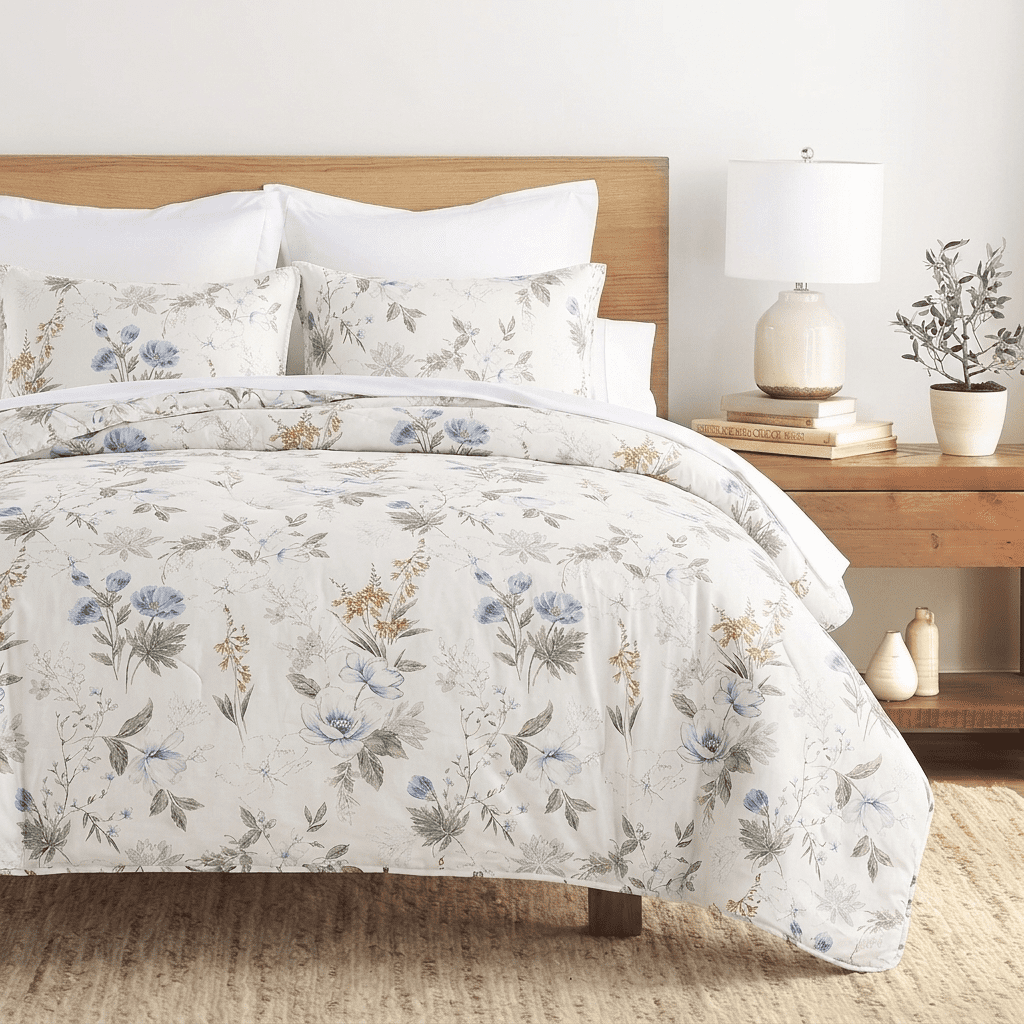Move Over Blue Floral Duvet Cover Set Queen Size 3 Pieces Reversiable Cotton Bedding Set Pink and Green Garden Flower Comforter Cover Set for All Seasons