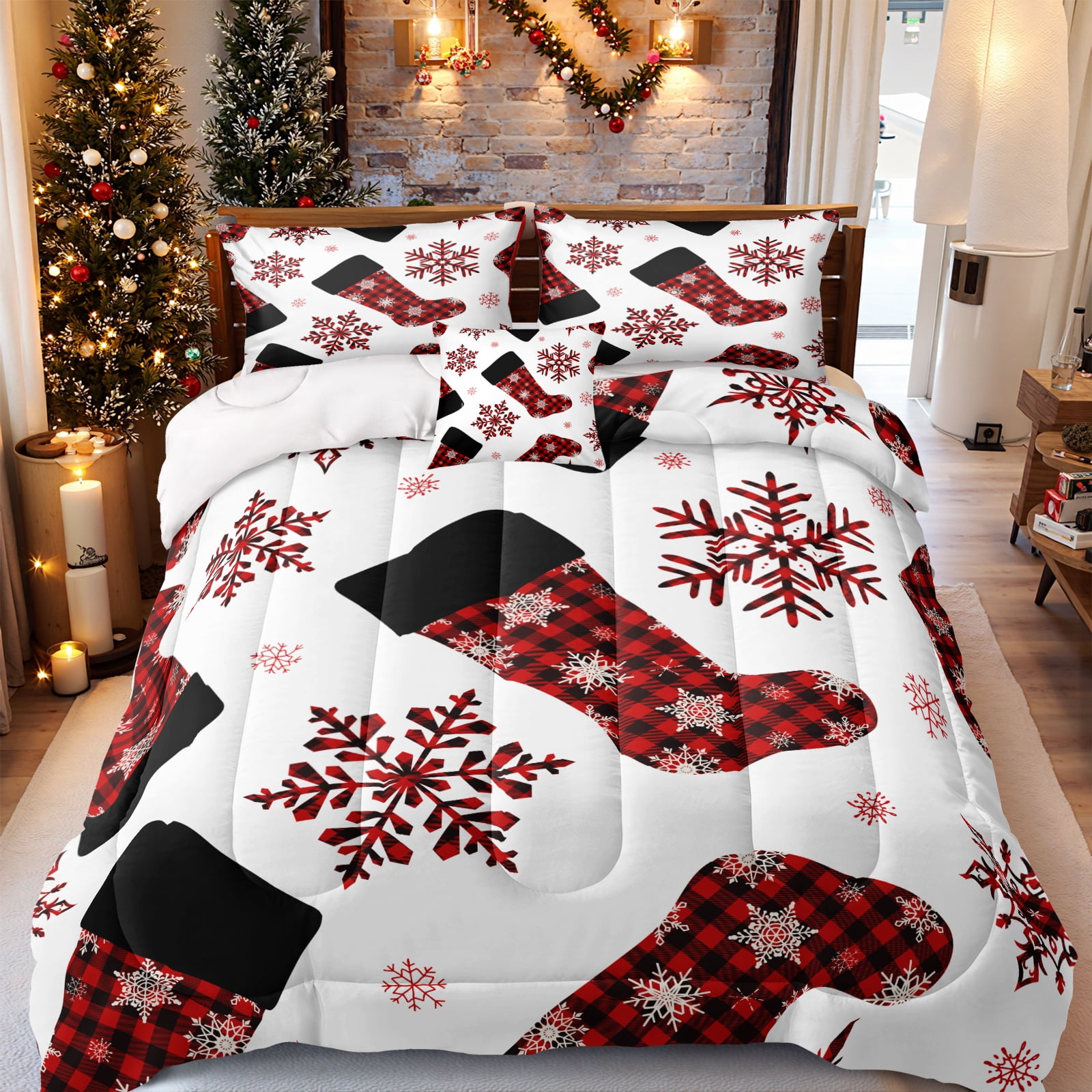 Christmas Plaid Comforter Set Queen Size – 3-Piece Red & Green Buffalo Check Bedding, Microfiber, With Pillow Shams
