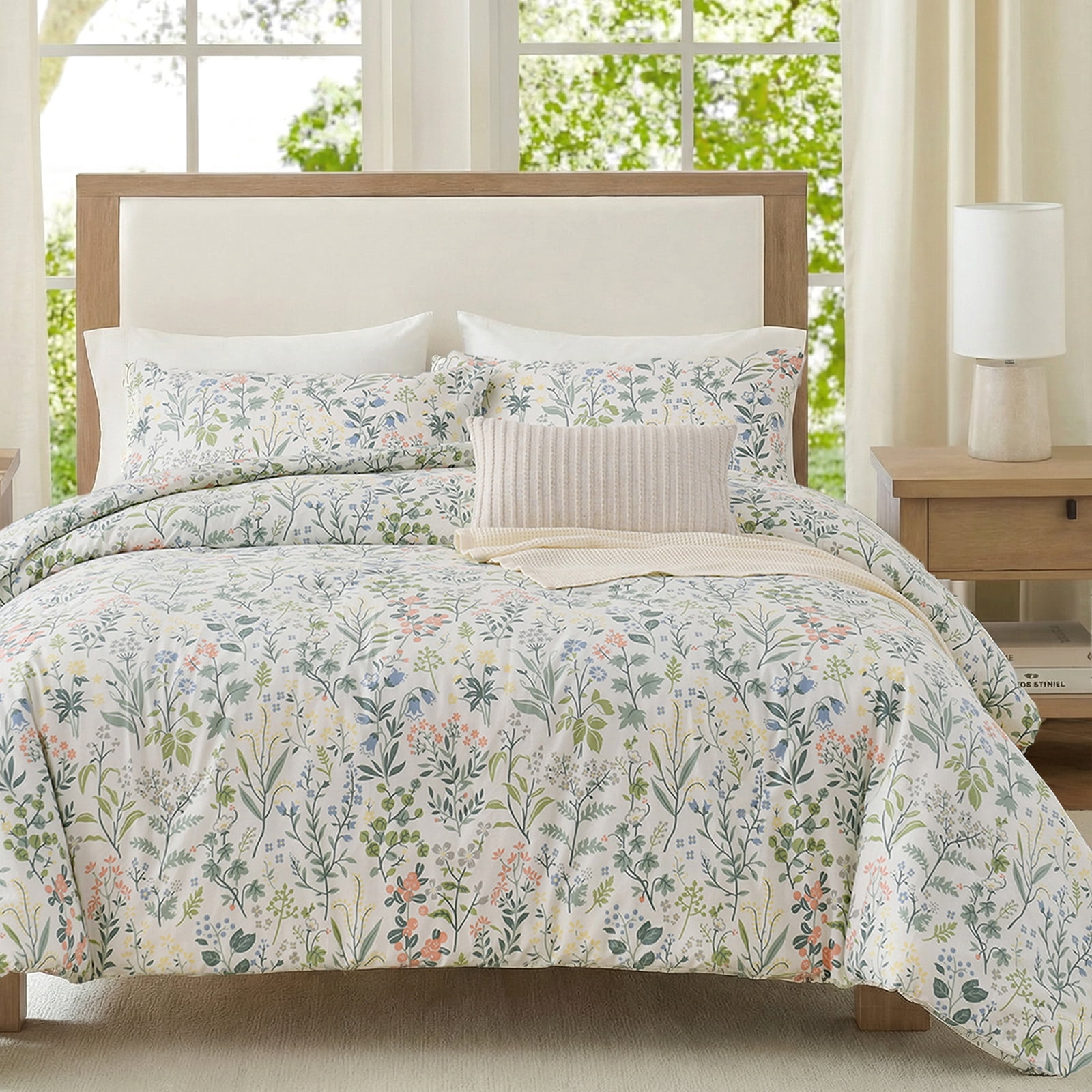 Move Over Floral Duvet Cover Set Queen 100% Cotton Green and Pink Floral Bedding Set 3 Pieces Soft and Breathable Green Branches Floral Comforter Cover Set No Filling