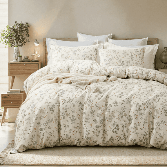 Move Over Floral Duvet Cover Set Queen Size 100% Cotton Cream Floral Bedding Set 3 Pieces Aesthetic and Vintage Green Floral Comforter Cover Set No Filling