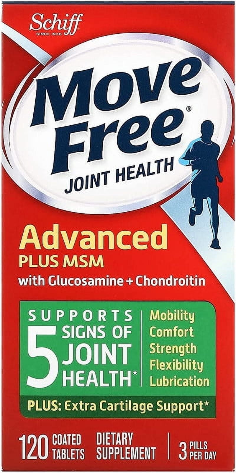 Move Free Advanced Plus MSM Coated Tablets, Joint Health Supplement with Glucosamine and Chondroitin, 120 Count (Pack of 1)