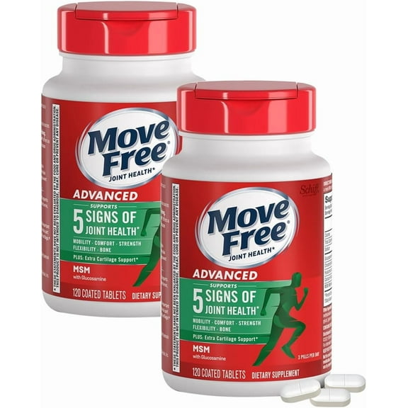 Move Free Advanced Plus MSM Coated Tablets, Joint Health Supplement with Glucosamine and Chondroitin, 120 Count (Pack of 2)