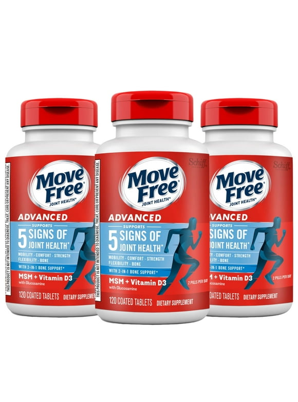 Move Free Advanced Glucosamine Chondroitin MSM + Vitamin D3 Joint Support Supplement, Supports Mobility Comfort Strength Flexibility & Bone + Immune Health - Tablet, 3x120ct Bottles (120 servings)