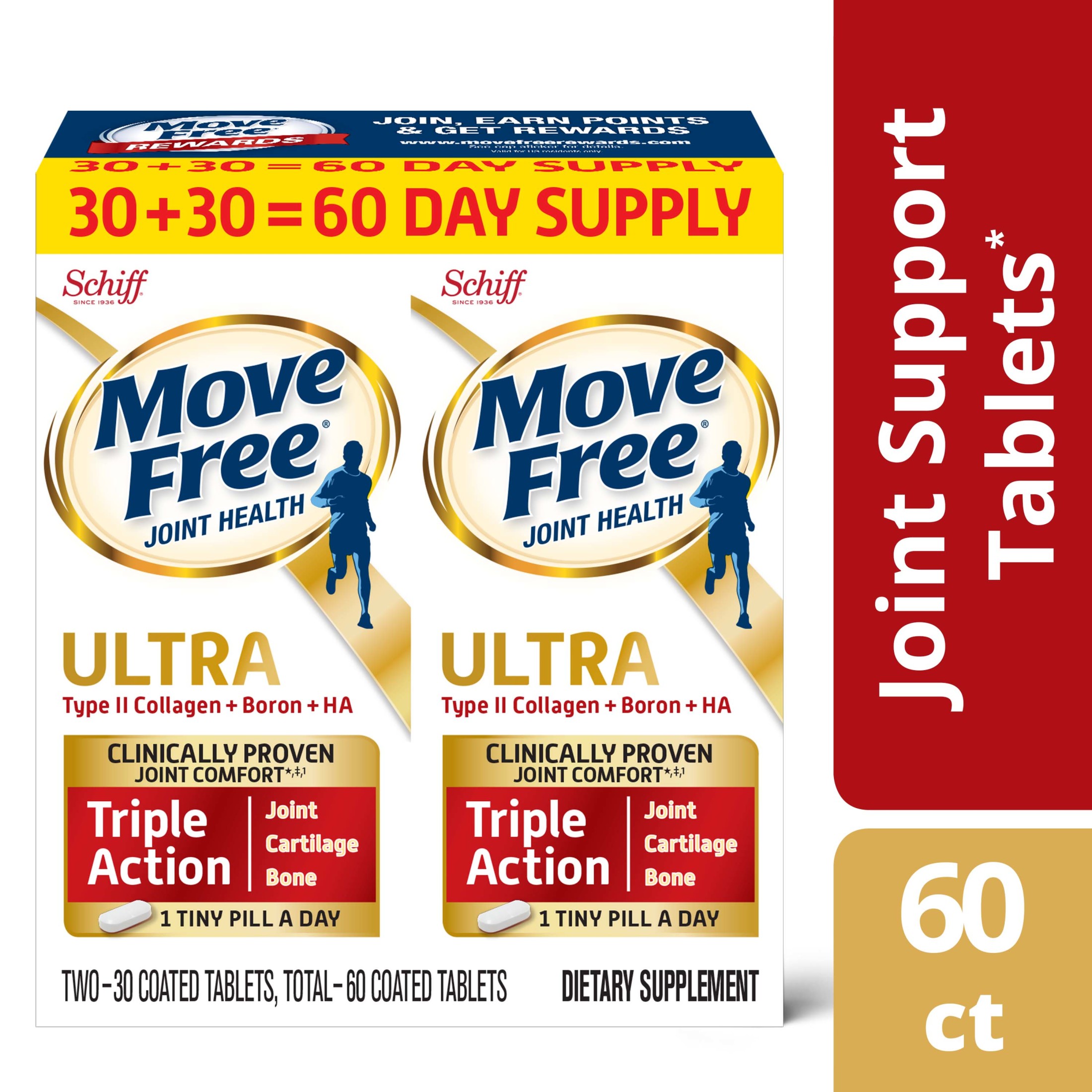 Move Free Ultra Triple Action Joint Support Tablets (60 count value pack), With Type II Collagen, Boron and HA, 1 Tiny Pill Per Day - image 1 of 5