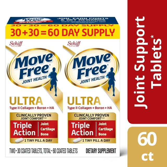 Move Free Ultra Triple Action Joint Support Tablets (60 count value pack), With Type II Collagen, Boron and HA, 1 Tiny Pill Per Day