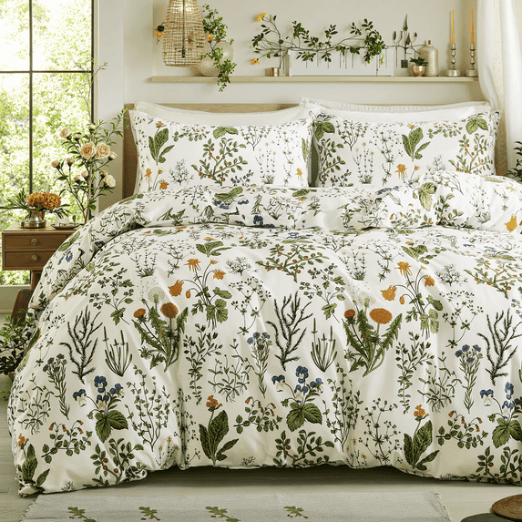 Move Over Green Floral Duvet Cover Set Queen 100% Cotton Floral Bedding Set 3 Pieces Soft and Breathable Vintage Style Green Floral Comforter Cover Set for All Seasons