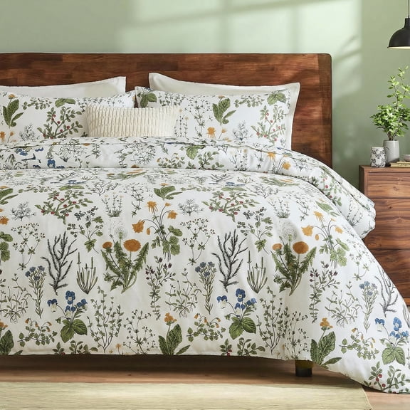 Move Over Green Floral Duvet Cover Set Queen 100% Cotton Floral Bedding Set 3 Pieces Soft and Breathable Vintage Style Green Floral Comforter Cover Set for All Seasons