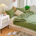 thumbnail image 1 of Move Over 3 Pieces Dark Green Duvet Cover Set 100% Washed Microfiber Solid Color Pom Poms Pattern Green Bedding Sets Queen, 1 of 9