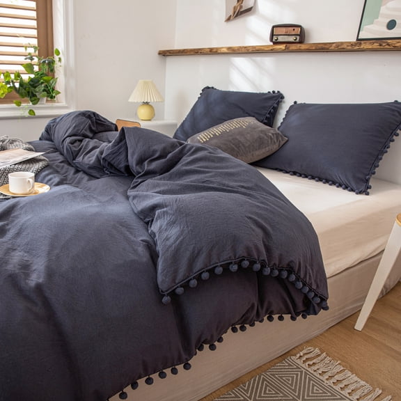 Move Over 3 Pieces King Size Navy Blue Duvet Cover Set Washed Microfiber Pom Poms Fringe Solid Color Bedding Set No Filling