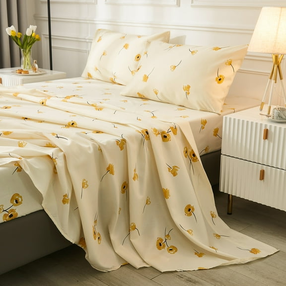 Move Over 4 Pieces Yellow Floral Sheet Set King Lucky Clover Pattern Microfiber Bed Fitted Sheets Deep Pocket