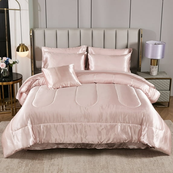 Move Over 8 Pieces Pink Satin Bed in a Bag Full Size Solid Color Luxury Satin Comforter Set with Sheet Sheet