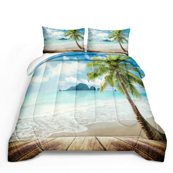 Move Over Beach Comforter Set King Ocean Bedding Set Sunny Beach Coastal Pattern Microfibet Filling
