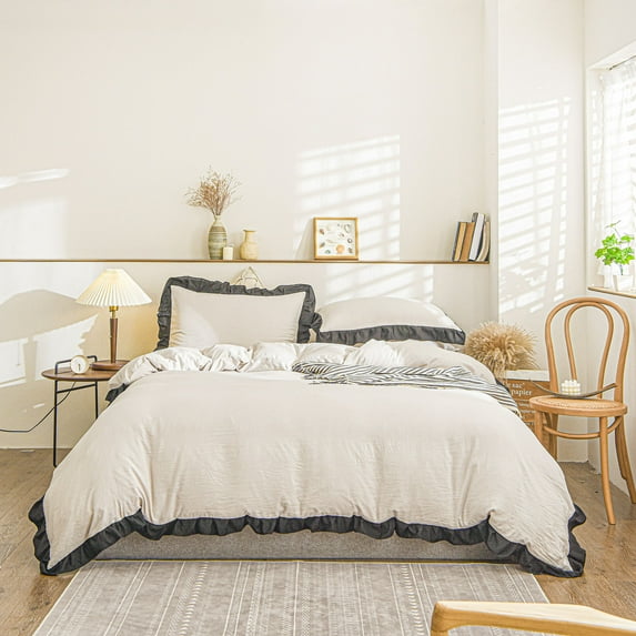 Move Over Beige Gray Black Bedding Set Black Ruffled Pattern Washed Microfiber King Duvet Cover Set No Filling