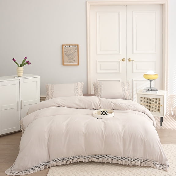 Move Over Beige Grey Bedding Sets King Microfiber Boho Duvet Cover Set Macrame Tassel Pattern No Filling
