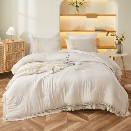 Move Over Beige Grey Comforter Set King Boho Bedding Set Grid Lattice Tassel Pattern Farmhouse Microfiber Filling