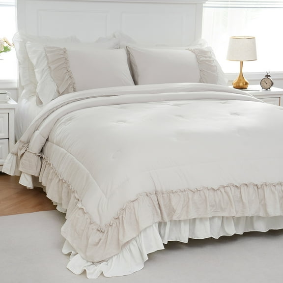 Move Over Beige Grey Ruffle Comforter Set Queen Boho Bedding Sets 2 Layers Beige White Long Ruffled Pattern Microfiber Filling Farmhouse Duvet