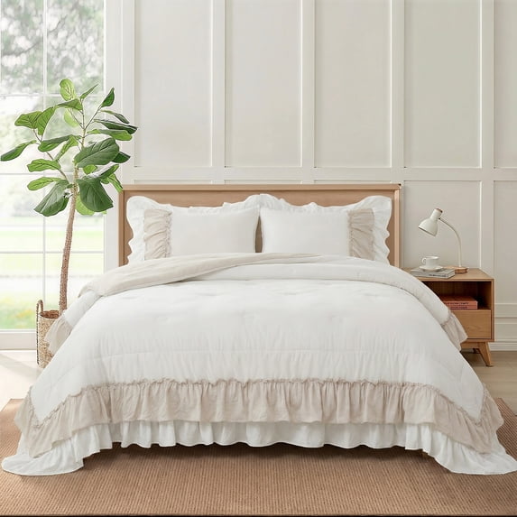 Move Over Beige Grey Ruffle Comforter Set Queen Boho Bedding Sets 2 Layers Beige White Long Ruffled Pattern Microfiber Filling Farmhouse Duvet