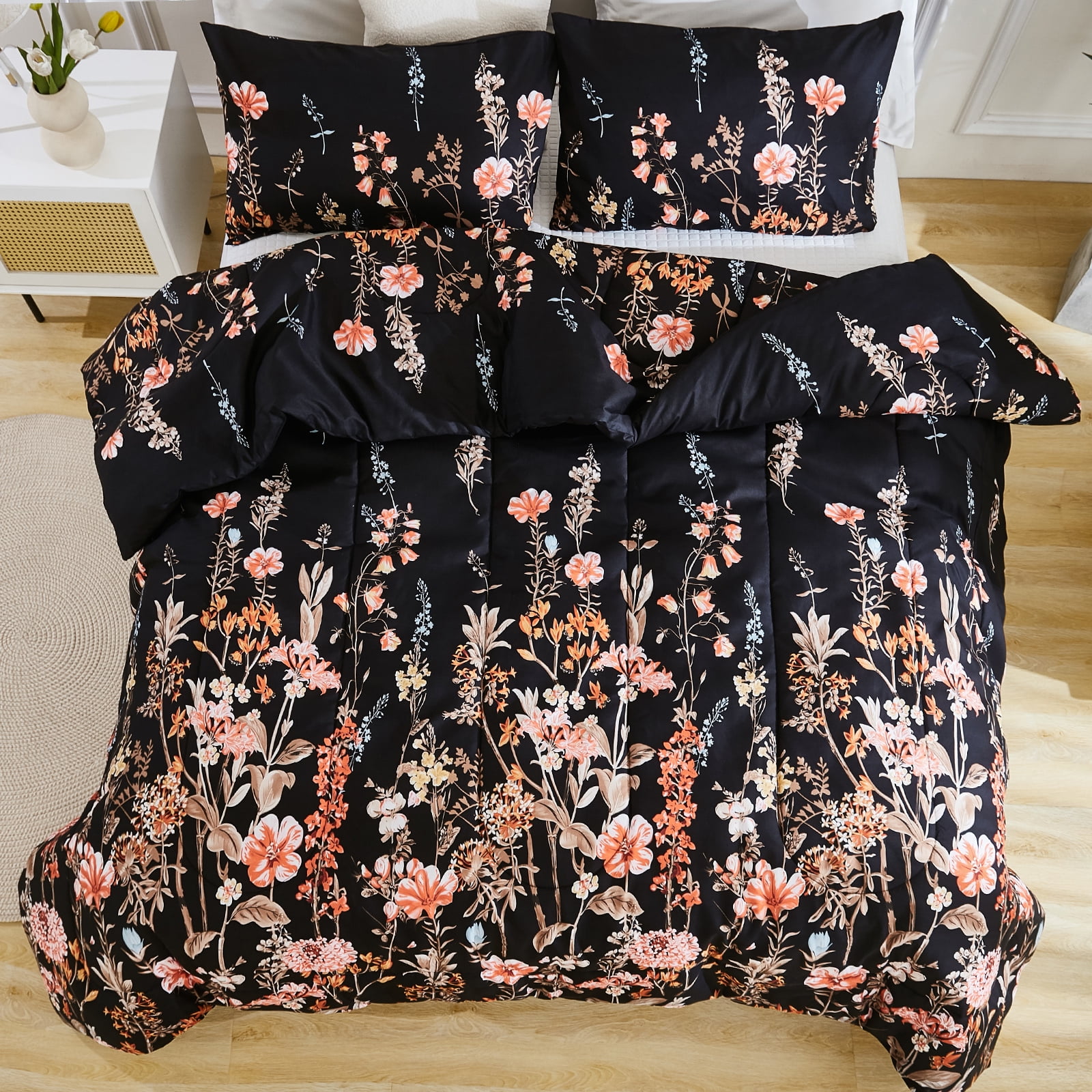 Move Over Black Flowers Comforter Set King Botanical Floral Bedding