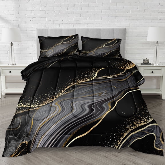 Move Over Black Gold Comforter Set Queen Marble Bedding Sets Marble Textured Pattern Soft Microfiber Filling