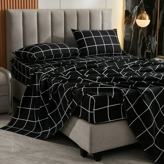 Move Over Black Grid Sheet Set Queen Geometric Plaid Pattern Deep Pocket Bed Fitted Sheet 100% Microfiber 4 Pieces