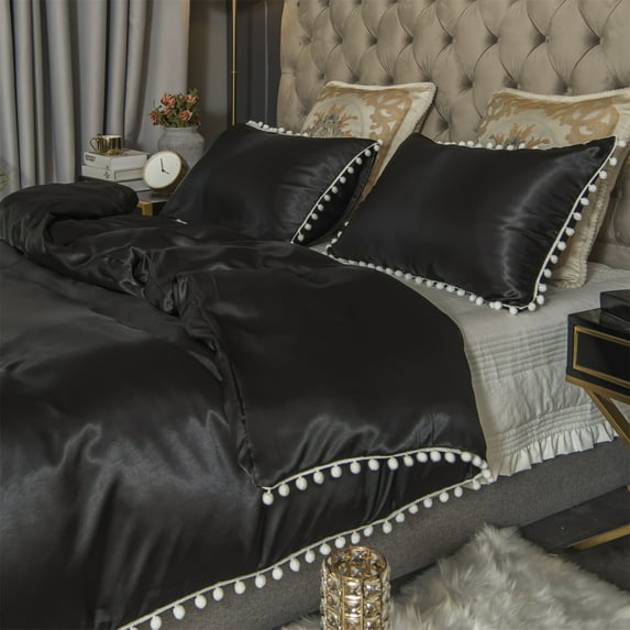 Move Over Black Satin Bedding Sets King Silk like Satin Duvet Cover Set White Fringe Pattern Satin Microfiber No Filling