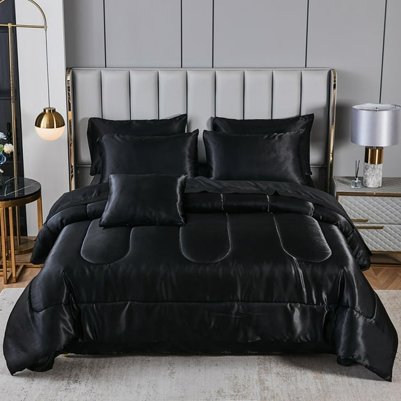 Move Over Black Satin Bed in a Bag Queen Size 8 Pieces Silky Like Satin Luxurious Comforter Set with Sheet Set