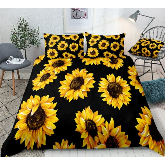 Move Over Black Sunflowers Bedding Sets Queen Yellow Sunflowers Pattern Black Microfiber Duvet Cover No Filling