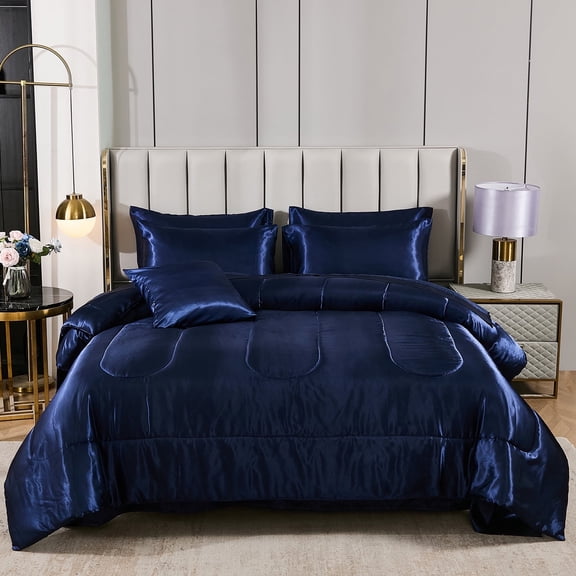 Move Over Blue Satin Comforter Set Queen 8 Pieces Silk Like Satin Bed in a Bag Luxury Silky Comforter Set with Fillings for Bedroom