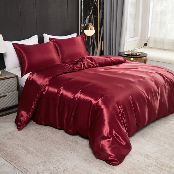 Move Over Burgundy Red Duvet Cover Set Twin Silk like Satin Bedding Sets Solid Color Pattern Silky Microfiber No Filling