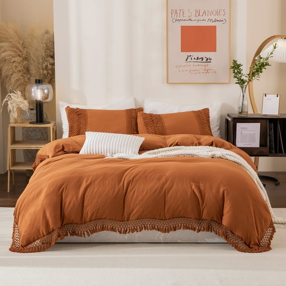 Move Over Burnt Orange Bedding Sets King Washed Microfiber Macrame Tassel Pattern Boho Duvet Cover Set No Filling