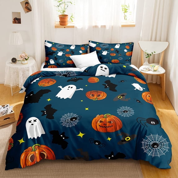 Move Over Cartoon Bedding Sets Queen Kids Duvet Cover Set Cute White Ghost and Pumpkin Pattern Microfiber No Filling
