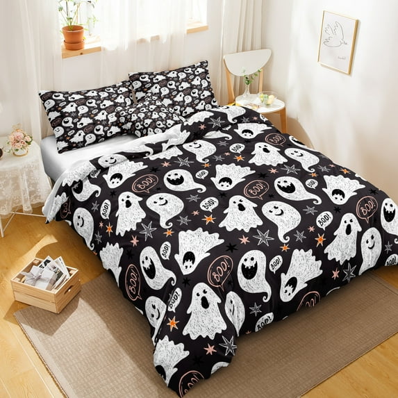 Move Over Cartoon Duvet Cover Set Queen Black White Kids Bedding Sets Cute Ghosts Pattern Microfiber No Filling