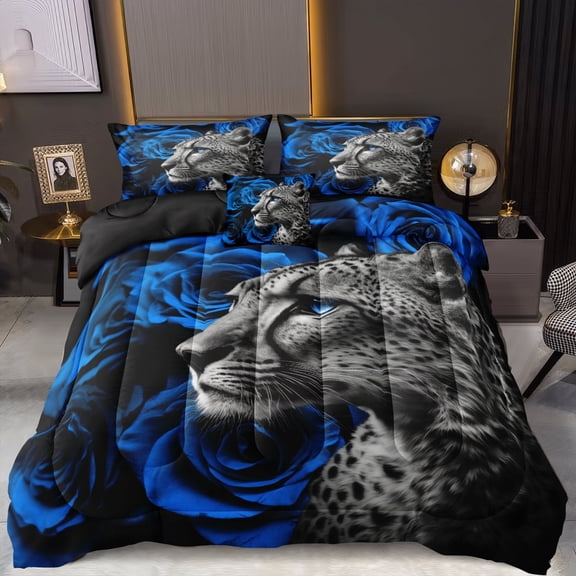 Move Over Cheetah Comforter Set 4 Pieces Blue Leopard Print Bedding Set Soft Microfiber Wild Animal and Blue Rose Bedding Set