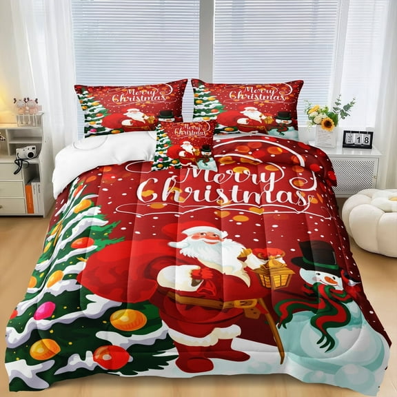 Move Over Christmas Bedding Set King 4 Pieces Red Santa Claus and Christmas Tree Pattern Xmas Bedding Comforter Set with 1 Cushion Cover