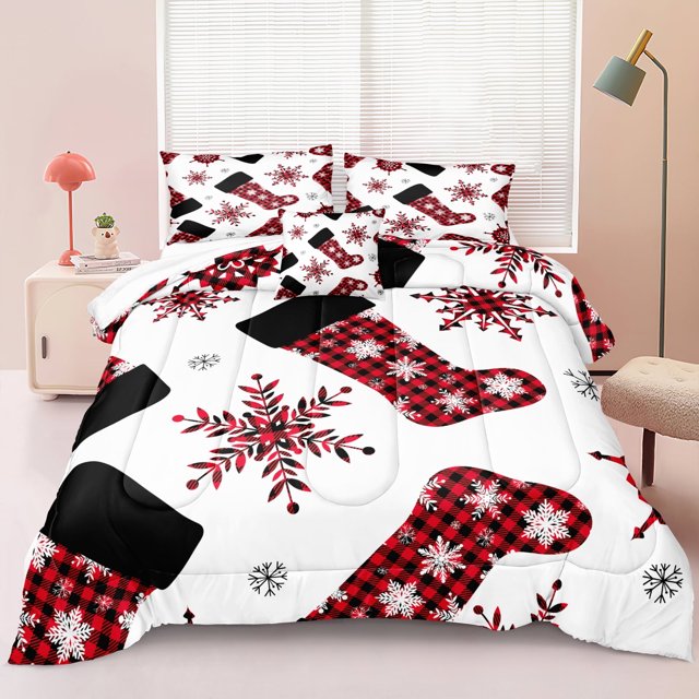 Move Over Christmas Comforter Set Queen Socks and Snowflake Pattern