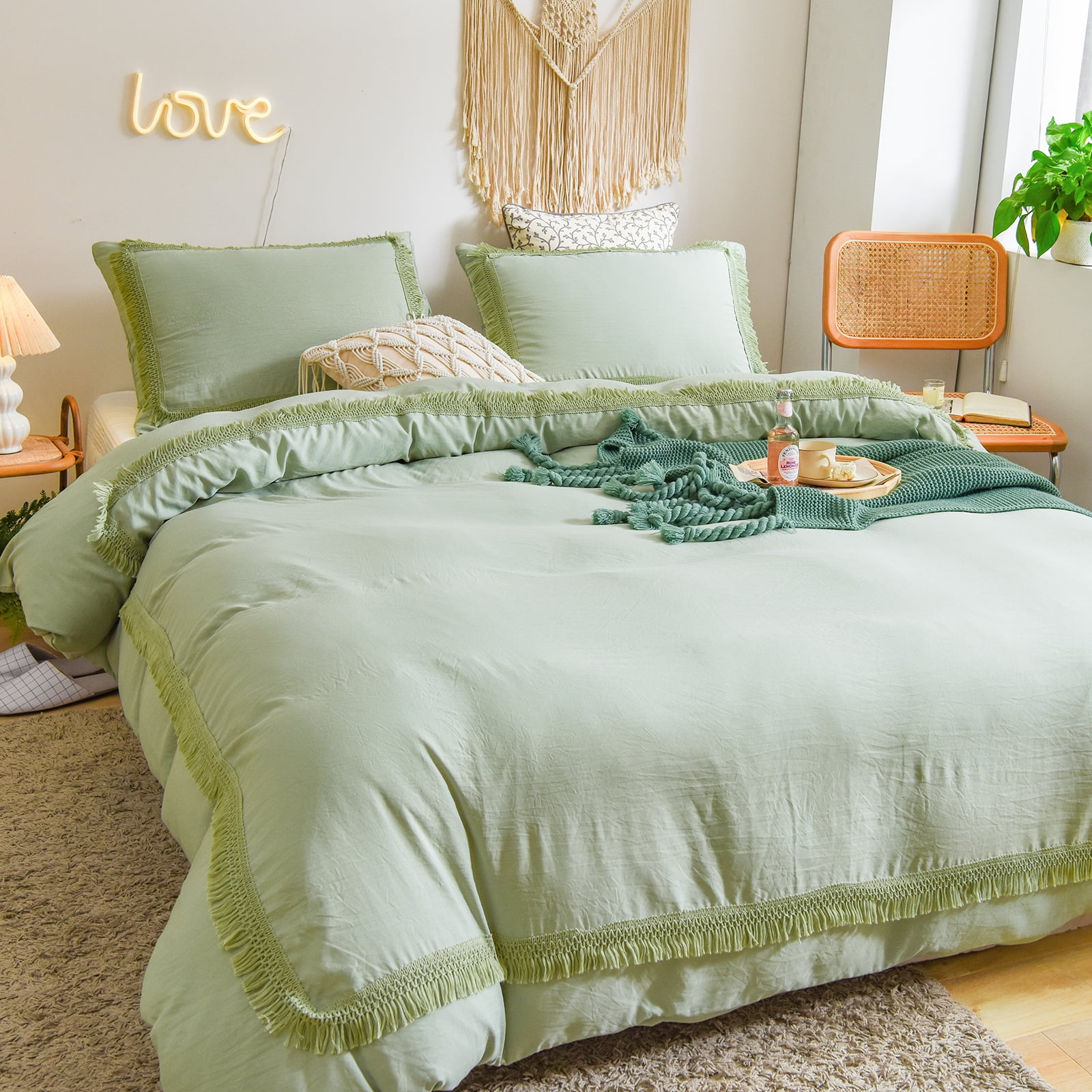 Move Over Dark Green Duvet Cover Set 2 Pieces 100% Washed Microfiber Tassel Pattern Boho Chic Bedding Twin