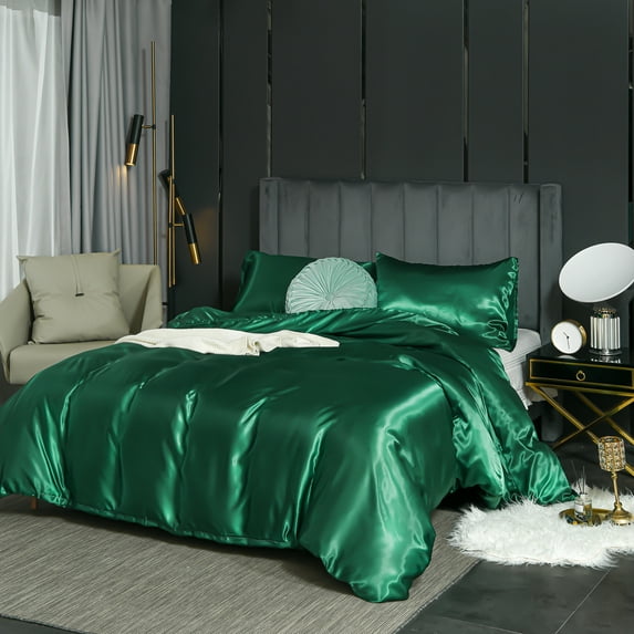 Move Over Emerald Green Duvet Cover Set Queen Silk like Satin Bedding Sets Solid Pattern Microfiber No Filling