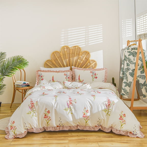 Move Over Flowers Duvet Cover Set Twin Ruffle Bedding Sets Ruffle Floral Pattern Microfiber No Filling