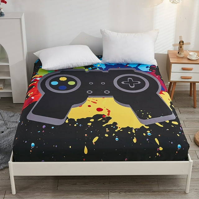 Move Over Gaming Single Sheet Full, Black Yellow Fitted Sheet Only, Cartoon Game Handle Pattern, Microfiber Deep Pocket up to 16"