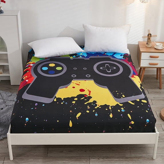 Move Over Gaming Single Sheet King, Black Yellow Fitted Sheet Only, Cartoon Game Handle Pattern, Microfiber Deep Pocket up to 16"