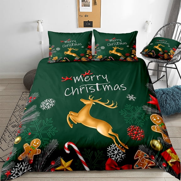 Move Over Gold Deer Bedding Sets Queen Green Christmas Duvet Cover Set Deer Pattern Microfiber No Filling