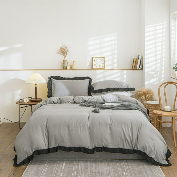 Move Over Gray Bedding Queen Boho Chic 100% Washed Microfiber Ruffled Fringe Design Pattern Light Gray Duvet Cover Set