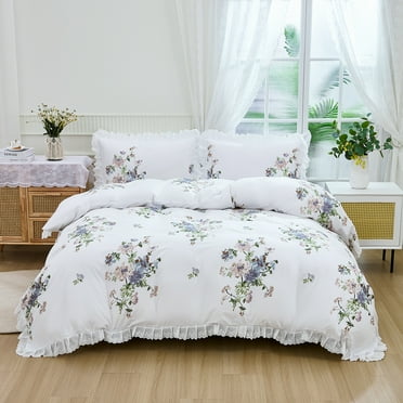 Move Over Gray Flower Duvet Cover Set Twin Ruffle Fringe Botanical Bedding Set Garden Floral Pattern Microfiber No Filling