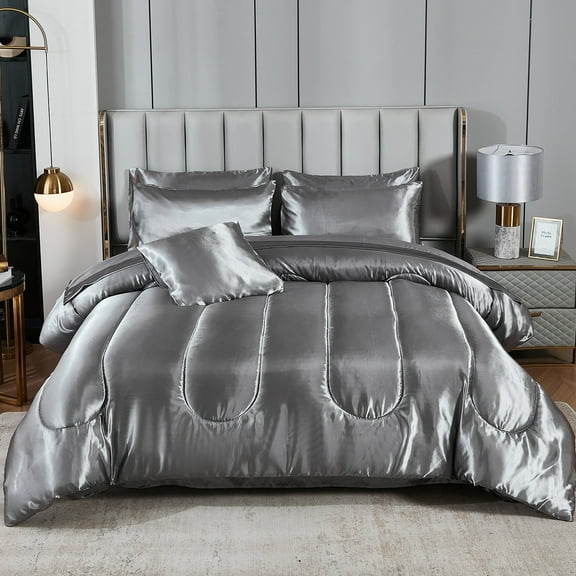 Move Over Gray Satin Bed in a Bag Queen Size 8 Pieces Silky Like Satin Luxurious Comforter Set with Sheet Set